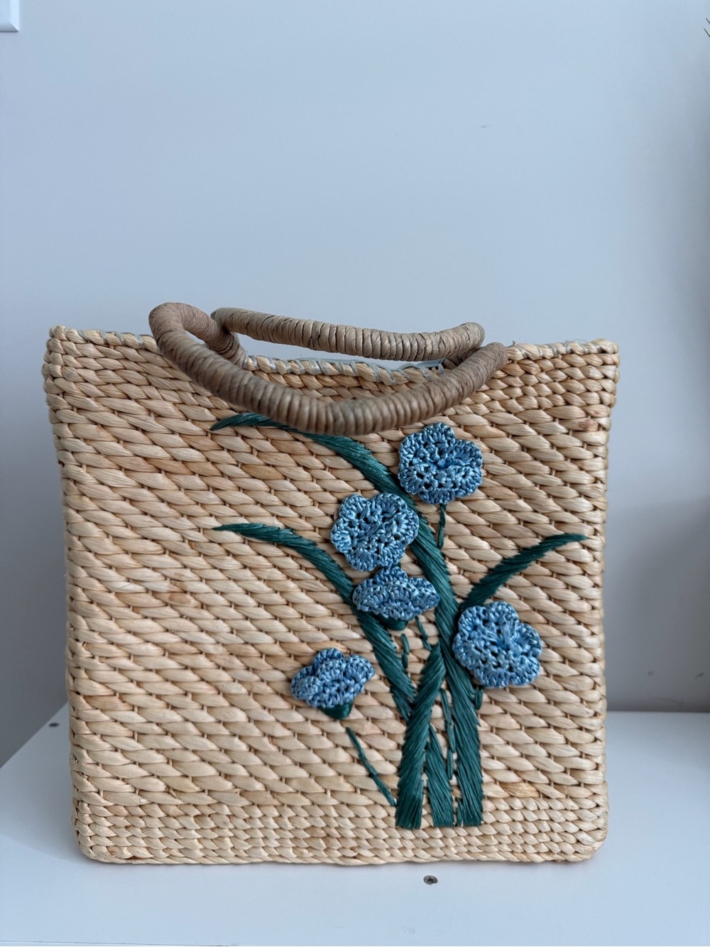 Woven Straw Tote with Blue Floral Embroidery